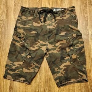 Grindhouse Cargo Shorts Mens 34 Green Camouflage Drawstring Raw Hem Streetwear